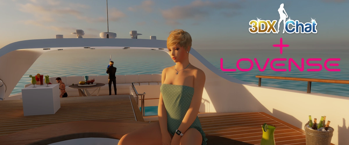 Female avatar on a yacht with 3DXChat and Lovense logos visible