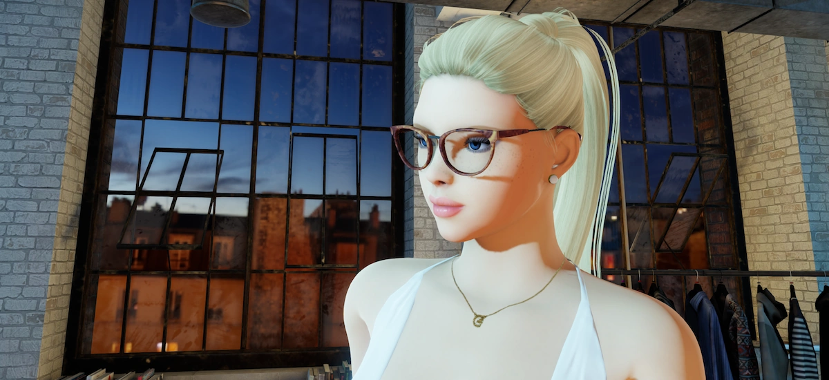 A blonde 3DXChat avatar wearing glasses
