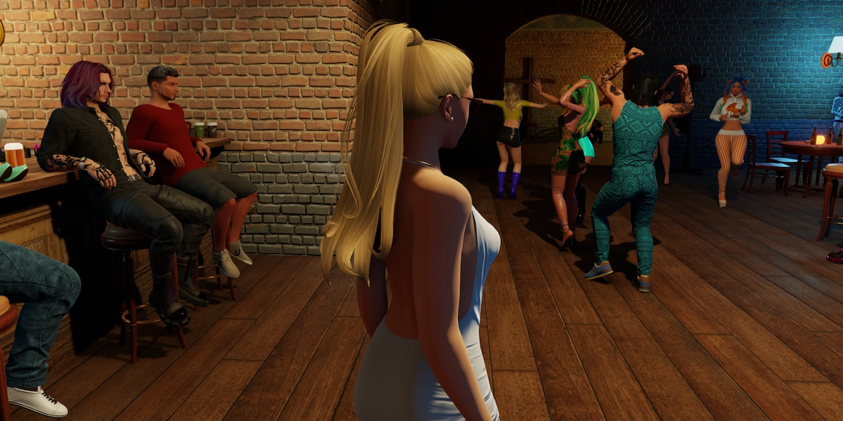 an avatar standing by herself in a crowded bar
