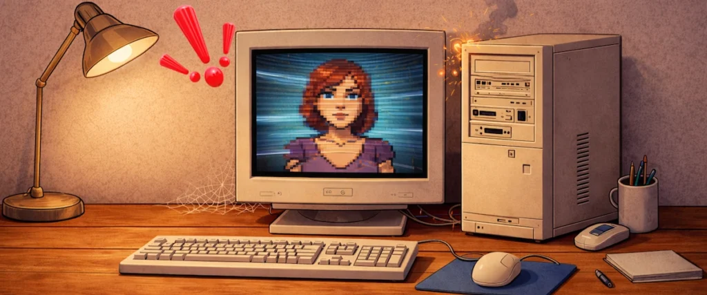 older PC on desk showing female avatar