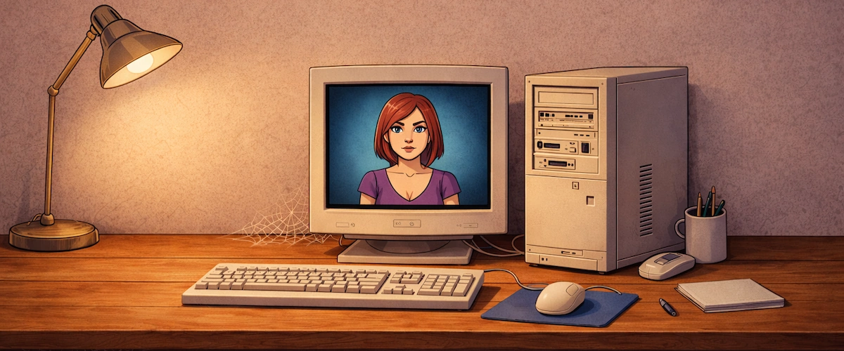 older PC on desk showing female avatar