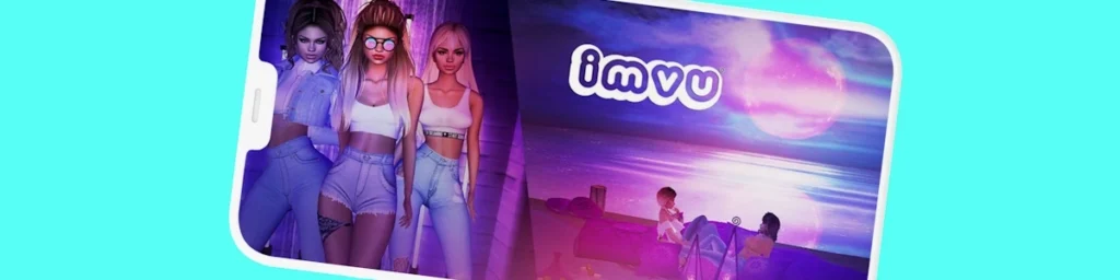 IMVU image, smartphobne with three female avatars