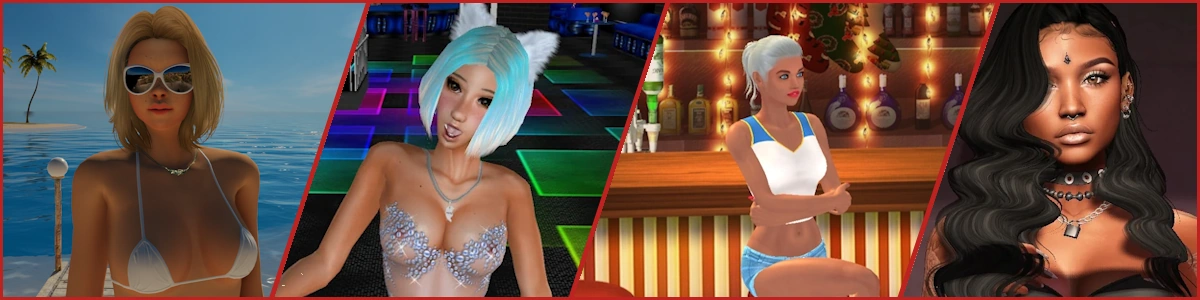 Four avatars from different multiplayer sex games: 3DXChat, Red Light Center, Yareel and Second Life
