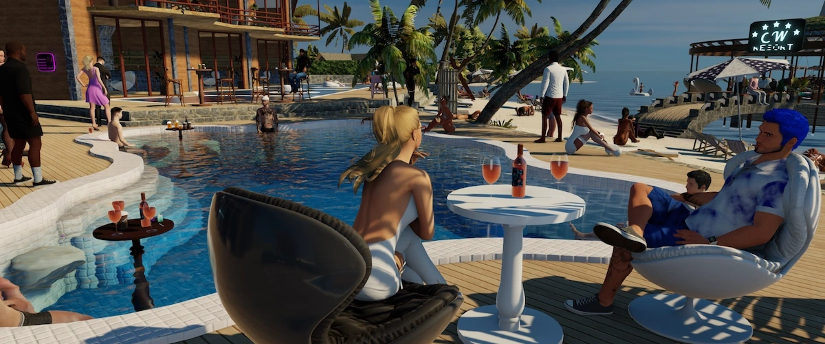 Two avatars sipping wine poolside at a resort